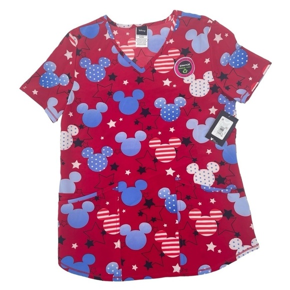 Scrubstar Disney Women’s Small American Mickey Stretch Scrub Top Patriotic NWT - Picture 1 of 11